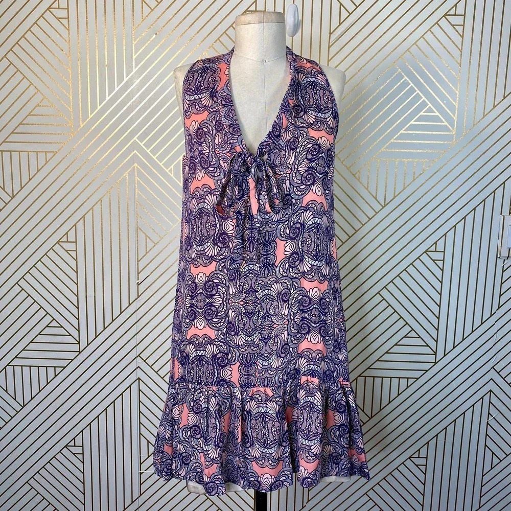 Amanda Uprichard‎ Mini Dress Drop Hem Tie Neck Geometric Print Pink Purple Small
